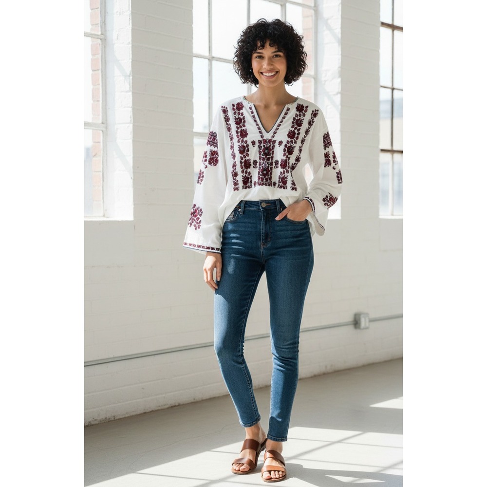 Anthropologie‎ Tiny Agatha Shirt Womens Large White Maroon Embroidered Floral